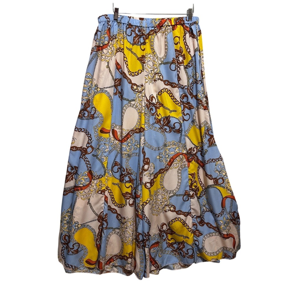 Truth‎ Womens Pants XL Blue Yellow Chain Print Wide Slit Leg Palazzo Boho Resort